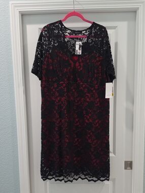 Sexy Karen Kane Black Lace Dress with Red Attached Sheath